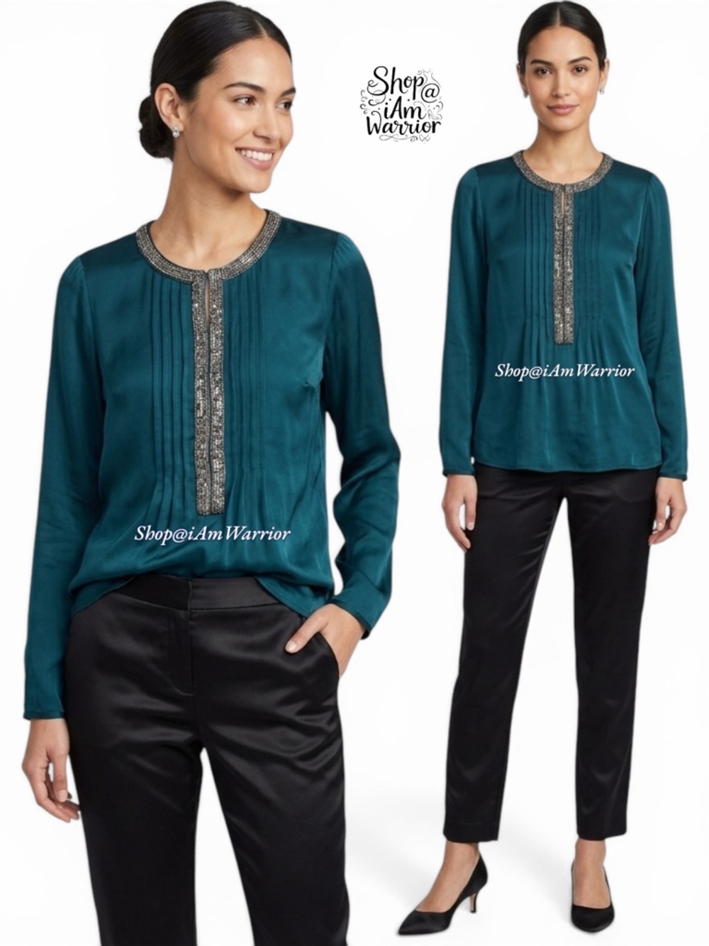 Tracy Reese peacock teal silky pleated beaded neckline blouse *shop@iamwarrior